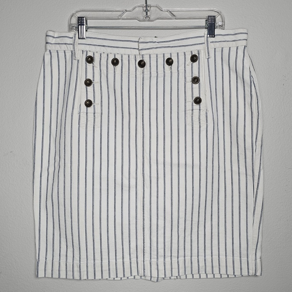Ralph Lauren Womens 14 Sailor White Striped Button Front Denim Skirt Coastal